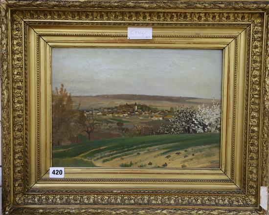 French School, oil on canvas, Village landscape with blossoming trees, indistinct Atelier stamp 26 x 36cm